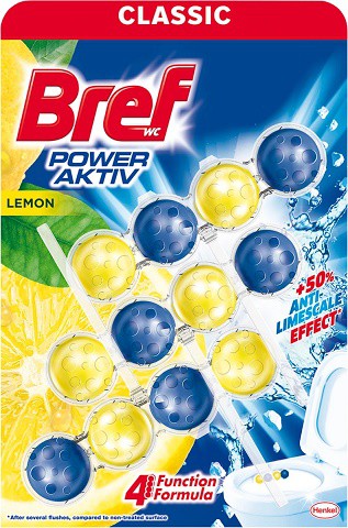 Bref Power Aktiv Lemon 3x50g kuličky | Čistící, dezinf.prostř., dezodoranty - Přípravky na WC - Závěsy na WC a pissoárové kostky